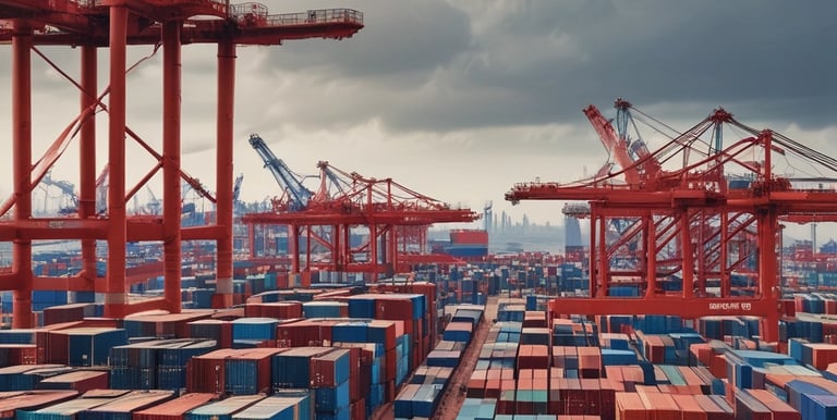 An aerial view of a busy shipping port with containers being loaded and unloaded under a clear sky.