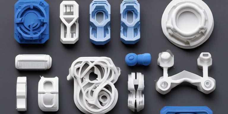 Array of colorful 3D printed objects displayed on shelves in a cozy workshop