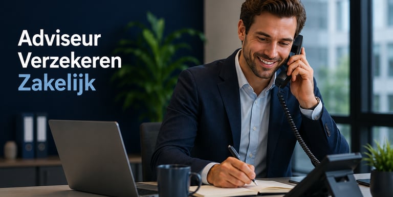 Professional business insurance advisor talking on the phone and taking notes in a modern office.
