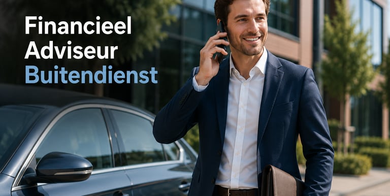A smiling financial advisor in a suit talking on a phone next to his car in front of an office.