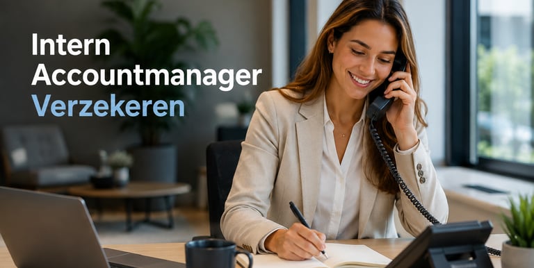 A smiling intern accountmanager verzekeren working at a desk taking notes during a phone call.