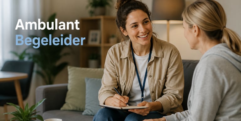 A smiling ambulant begeleider taking notes while talking to a female client during a home visit.