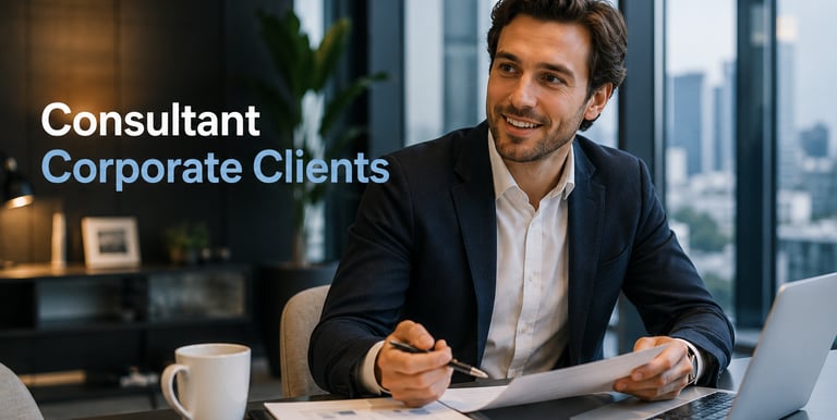 Smiling male consultant in a suit analyzing corporate client documents on a modern office desk with a laptop.