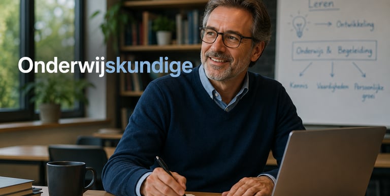 A smiling male educational expert working on a laptop in a modern office, featuring the text Onderwijskundige.