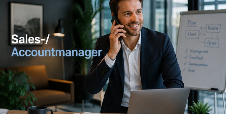 Smiling sales account manager in a suit talking on a mobile phone in a modern office setting.