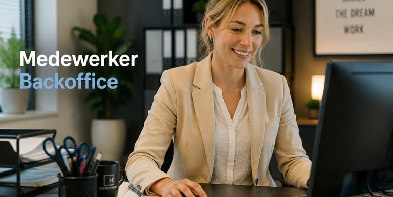 Smiling backoffice employee working on a computer in a modern professional office setting.