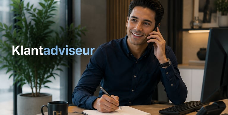 Smiling professional customer advisor talking on the phone and taking notes at his office desk.