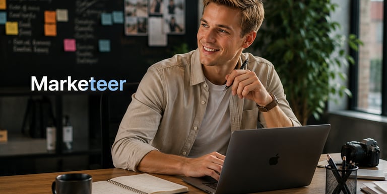 A smiling male digital marketeer working on a laptop at a creative office desk with a chalkboard background.