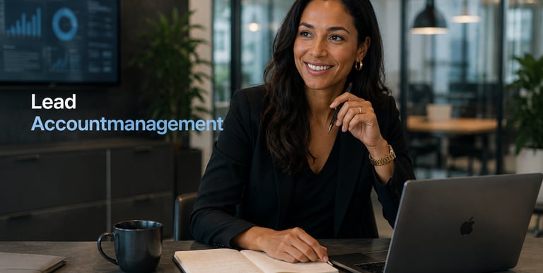 A smiling Lead Account Management professional working with a laptop and business analytics in a modern office.