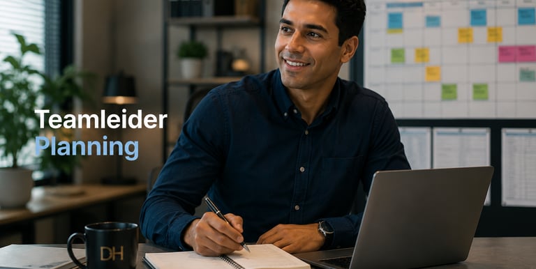 A smiling male team leader planning at a desk with a laptop and notebook in a modern office.