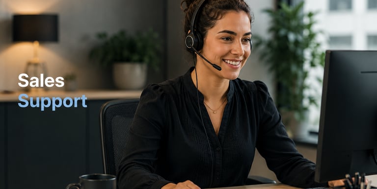 A smiling sales support representative with a headset working on a computer in a modern office.