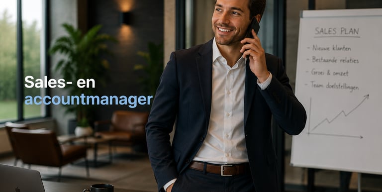 A smiling sales and account manager in a modern office talking on a smartphone near a whiteboard.