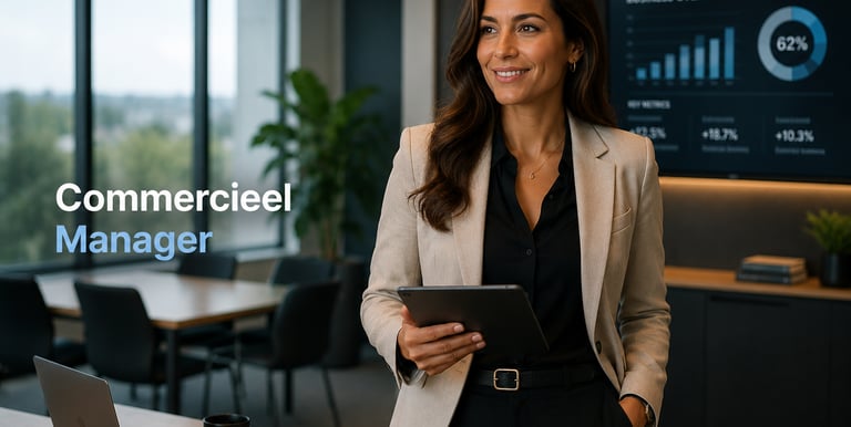 A professional female commercial manager holding a tablet in a modern office with data charts.