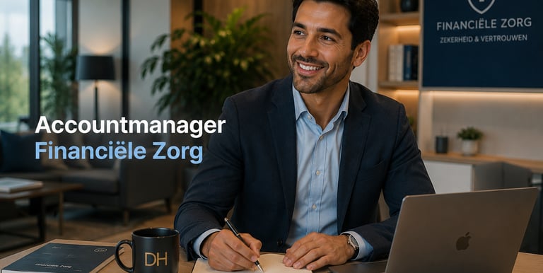 A smiling male accountmanager at Financiële Zorg working with a laptop and notebook in a modern office.