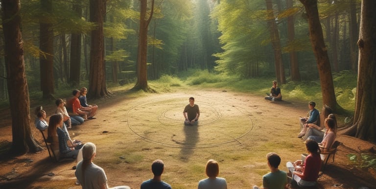 A serene flat lay of natural herbs, crystals, and a burning sage bundle on a wooden table.
