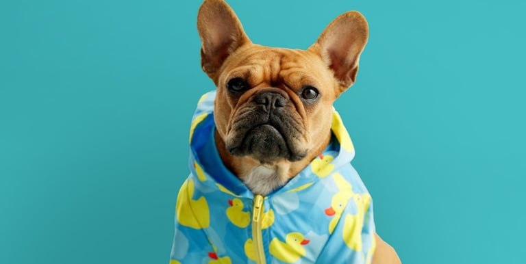 Un adorable bulldog francés color beige con un impermeable azul de patitos sobre fondo azulado
