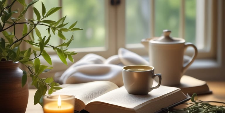 A serene person holding a phone with the app open, surrounded by soft golden light.