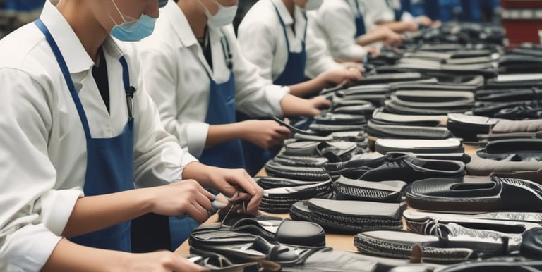 A close-up of high-quality sneakers lined up in a bright, modern warehouse.