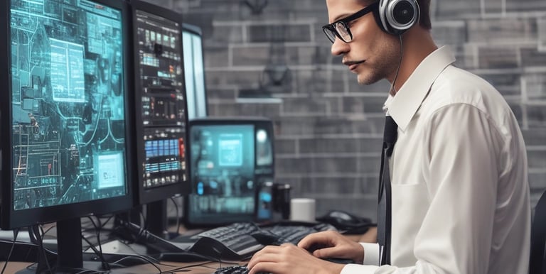 Technician working on a computer with AI-powered diagnostic software on the screen.