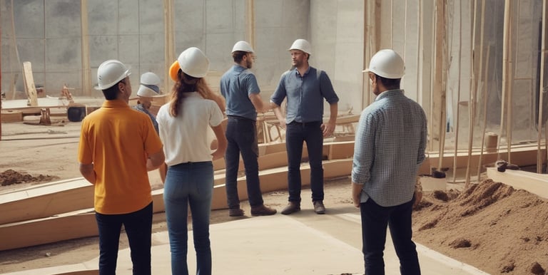 Close-up of hands reviewing architectural blueprints and financial documents on a wooden table.