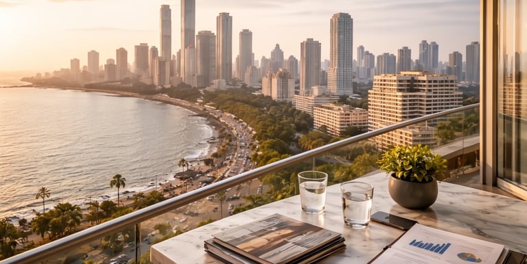 Mumbai sea view apartment balcony overlooking Marine Drive skyline – real estate investment consulting by Safari Landmark