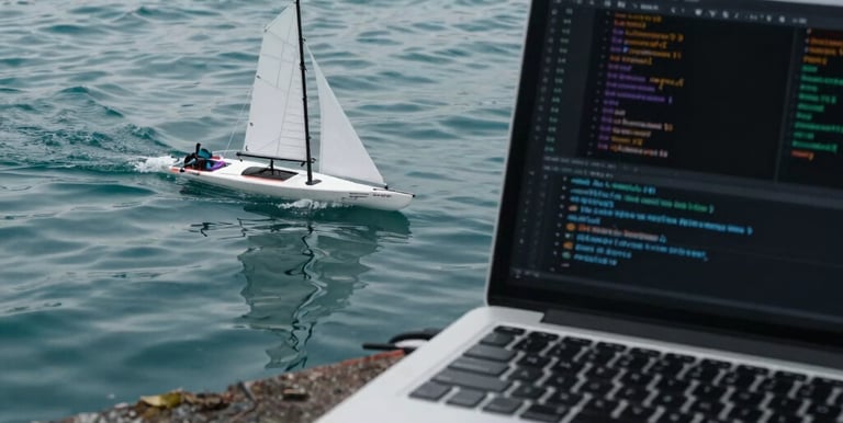 Close-up of a detailed 3D printed RC sailboat model on a wooden table.
