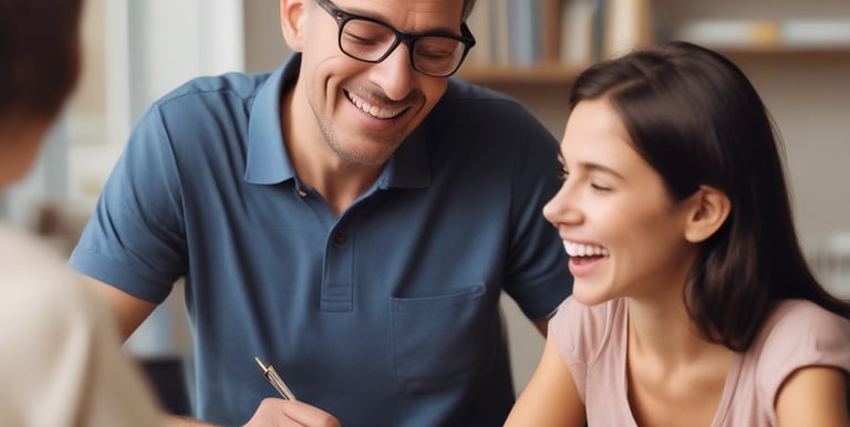A speech therapist engaging gently with a child using colorful flashcards.