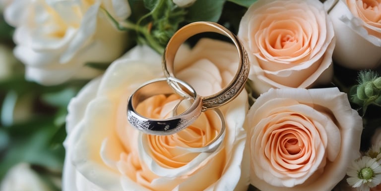 Close-up of a vintage camera resting on a rustic wooden table with wedding rings beside it.