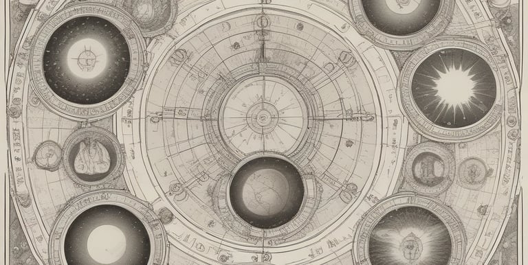 Astrological symbols of zodiac signs and planets softly glowing in the background.