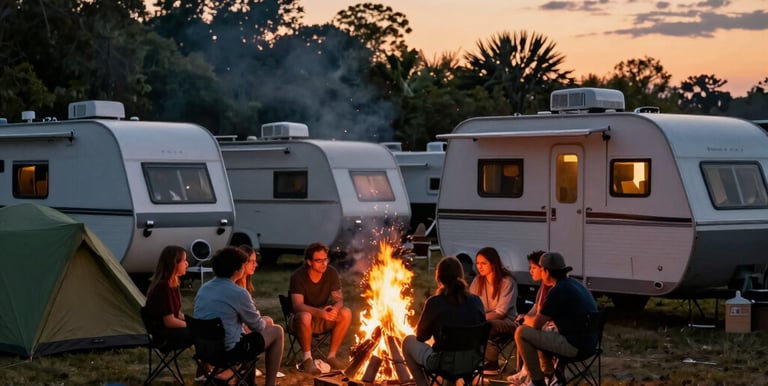 A cozy camper van parked in a scenic forest clearing during golden hour.