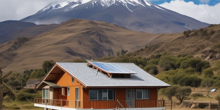 A large array of solar panels is installed across a snow-covered landscape, with modern buildings visible in the background. The sky is partly cloudy, adding a serene atmosphere.