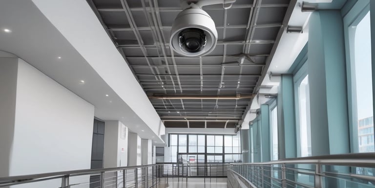 A surveillance camera is mounted on a metal pole, extending from a bracket. The setting appears to be industrial or urban, with shadows creating a dark, moody atmosphere.