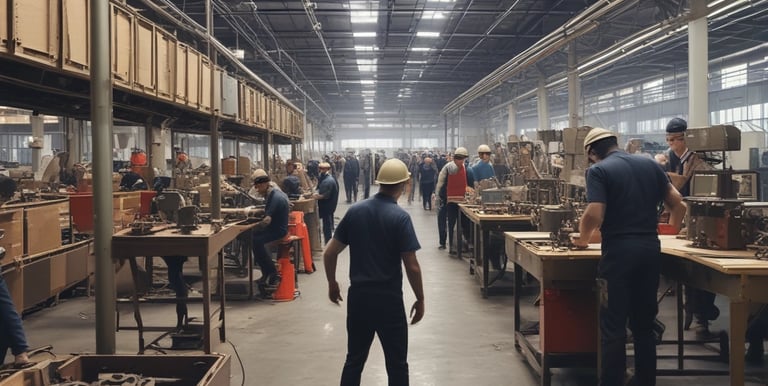 Workers are assembling or disassembling materials in a large industrial or warehouse space with tall windows. One person stands on a scaffold, seemingly adjusting a light fixture or ceiling component. Another individual is bent over working with materials stacked on a table or platform.
