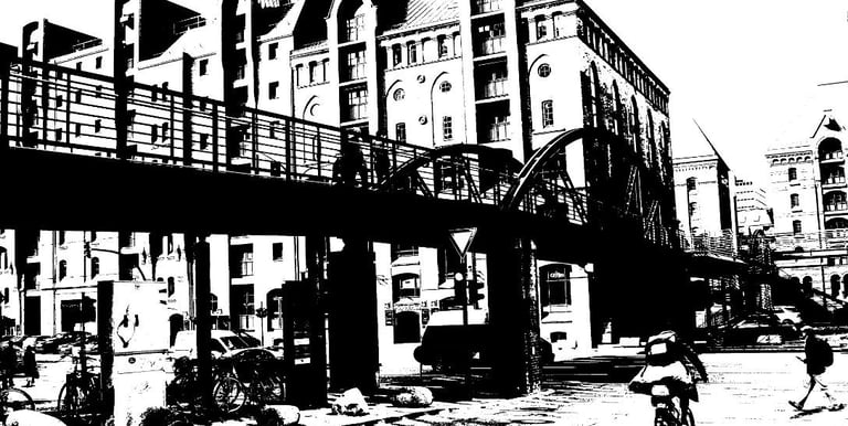 black and white image of Hamburg Germany architecture