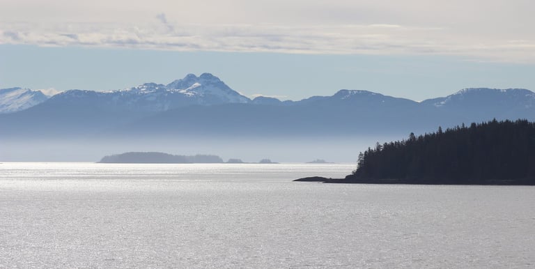 a boat in the water with alaska mountains in the background