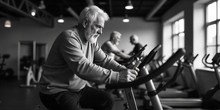 a man in a gym room with a woman on a bike