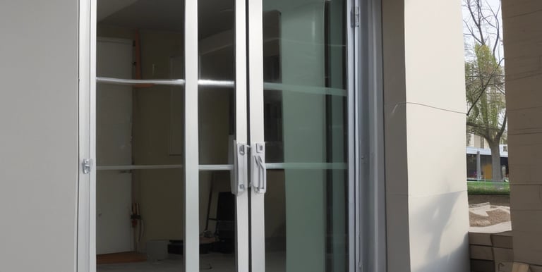 Multiple car doors and frames are lined up in a row inside an industrial facility with a high ceiling featuring metal beams and structures.