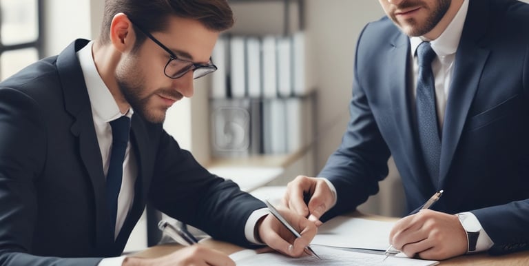 A workspace setting with financial documents, a black calculator displaying numbers, a cup of black coffee on a saucer, an orange highlighter, and a blue pen on a table.