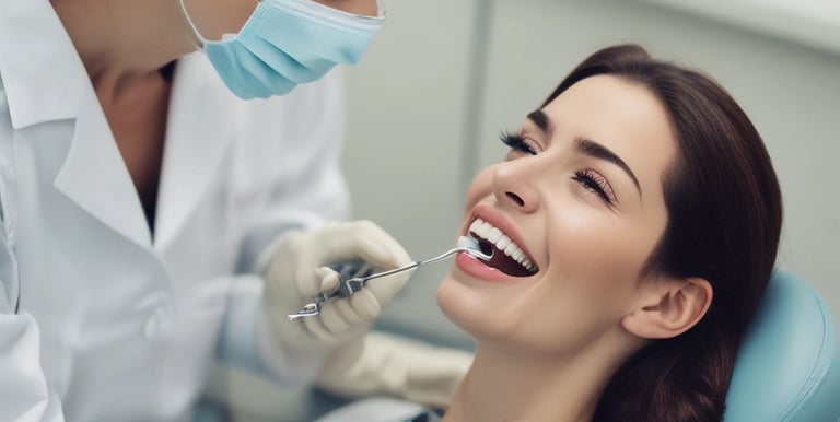 Two dental professionals are attending to a patient seated in a dental chair. The room is equipped with dental instruments and appears clean and clinical. One professional, wearing a mask and blue gloves, stands next to the patient, while another, also masked, works on the patient's head area.