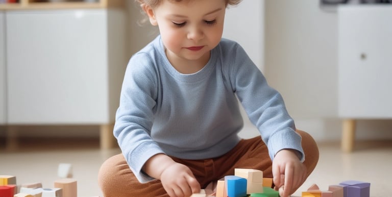 A colorful classroom with small tables and chairs, bright decorations, and educational materials. Children's artwork is displayed on the walls, and there are playful elements like painted benches and a vibrant alphabet rug.