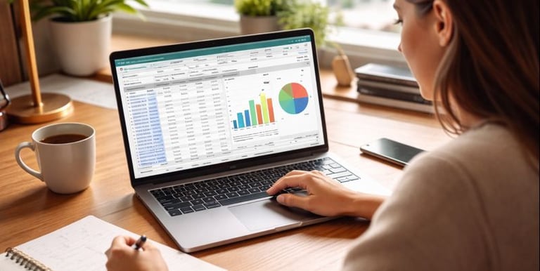 A woman analyzing business data and financial charts on a laptop screen at a wooden desk.