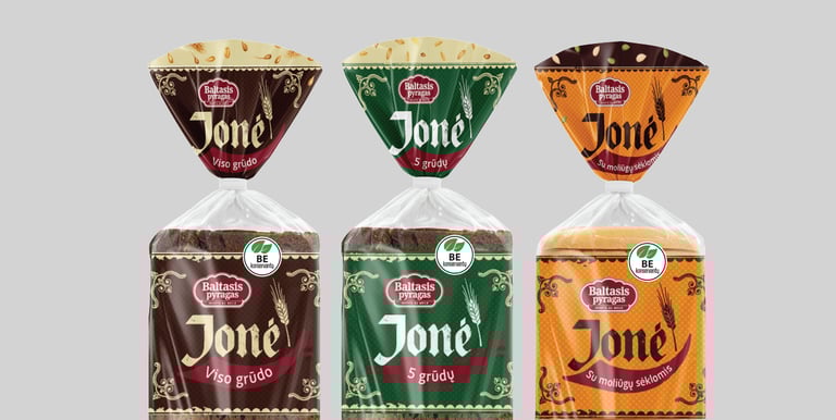 three bread bags in a row, brown, green and orange colors