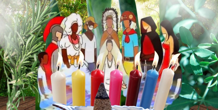 Ilustração que representa as 7 linhas da Umbanda, velas, ervas, incenso e cristais.