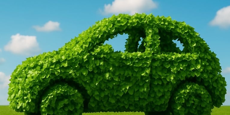a Green car made out of leaves and leaves