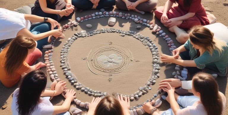 A cozy workshop setting with participants engaged in a spiritual class surrounded by nature.