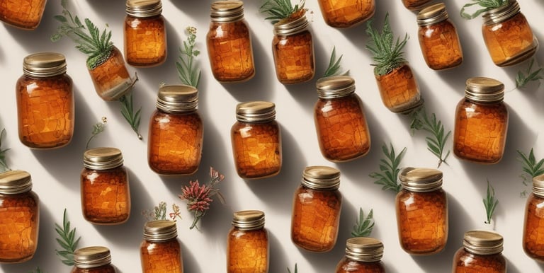 Various wellness and beauty products, including oils in bottles, a bowl of oil, dried flowers, crystals, a smudge stick, and a small dish of cream, are arranged aesthetically on a light surface. The scene is decorated with colorful flowers and herbs.