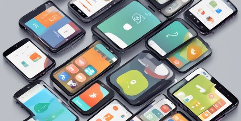 A laptop computer displaying a website on its screen is placed on a light wooden surface. Nearby are a blue smartphone, a smartwatch with a dark blue band, a blue folder, a white notepad, and a black pen.