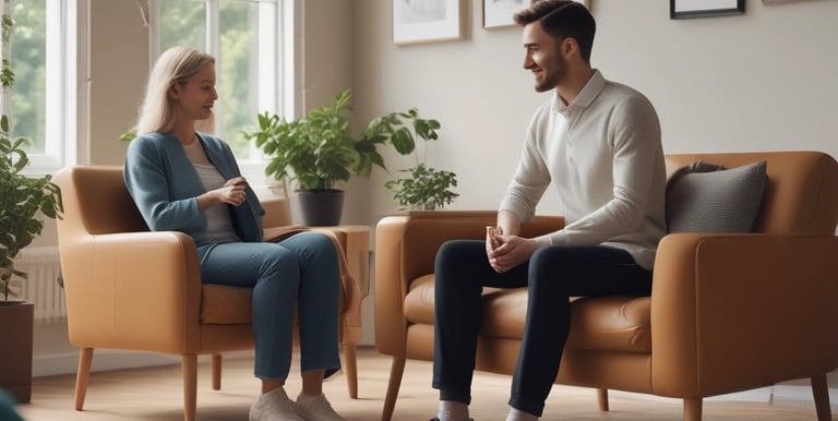A serene counseling room with comfortable chairs and soft lighting.