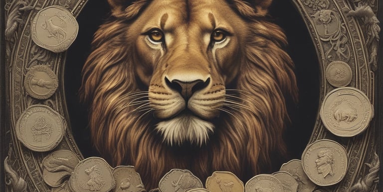 a lion head in a frame with coins and a lion
