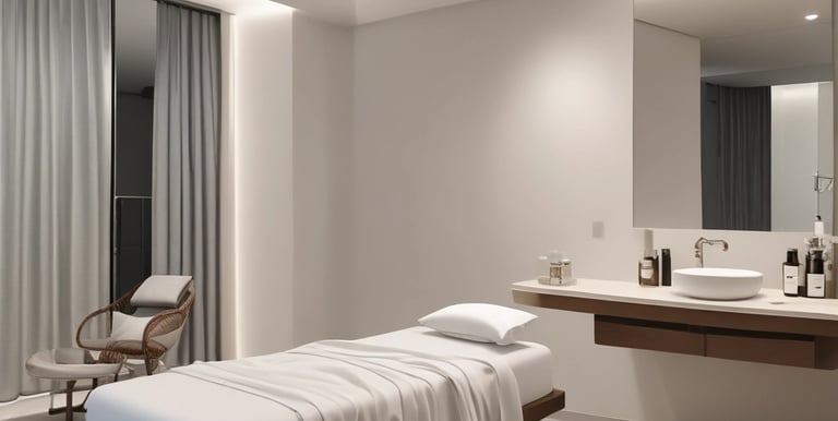 A minimalist spa room featuring a comfortable massage table with white sheets. The bamboo stalks attached vertically to the wall create an aesthetic, natural ambiance. Soft lighting enhances the calm and relaxing atmosphere, and a small stand with essential items is placed next to the table.